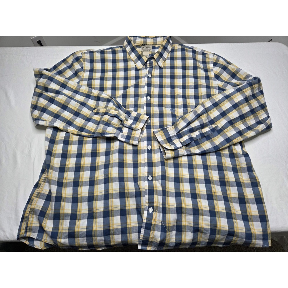 LL Bean Shirt Mens XXL Reg Blue Yellow Plaid Button Front Slightly Fitted...